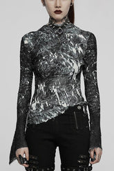 Black /White Punk Pleated Half Turtleneck Irregular Sexy Long Sleeve Lightweight Women's T-Shirt